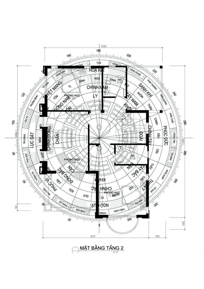Bản vẽ bố trí phong thủy mặt bằng công năng tầng 2 nhà 2 tầng 10x12m