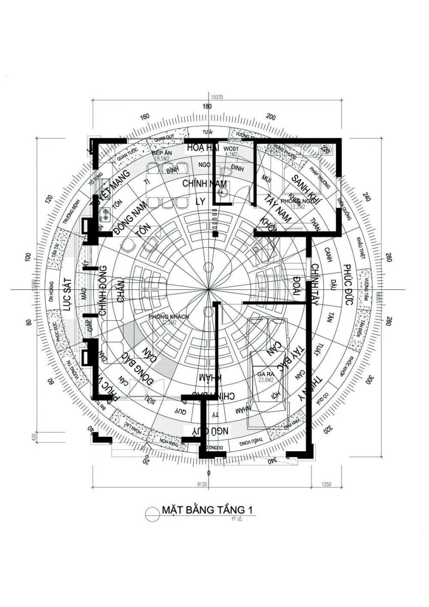 Bản vẽ bố trí phong thủy mặt bằng công năng tầng 1 nhà 2 tầng 10x12m