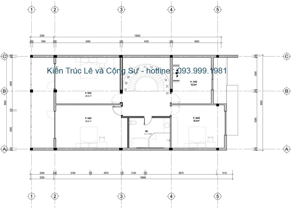 Mặt bằng tầng 3 nhà biệt thự phố mặt tiền 9m