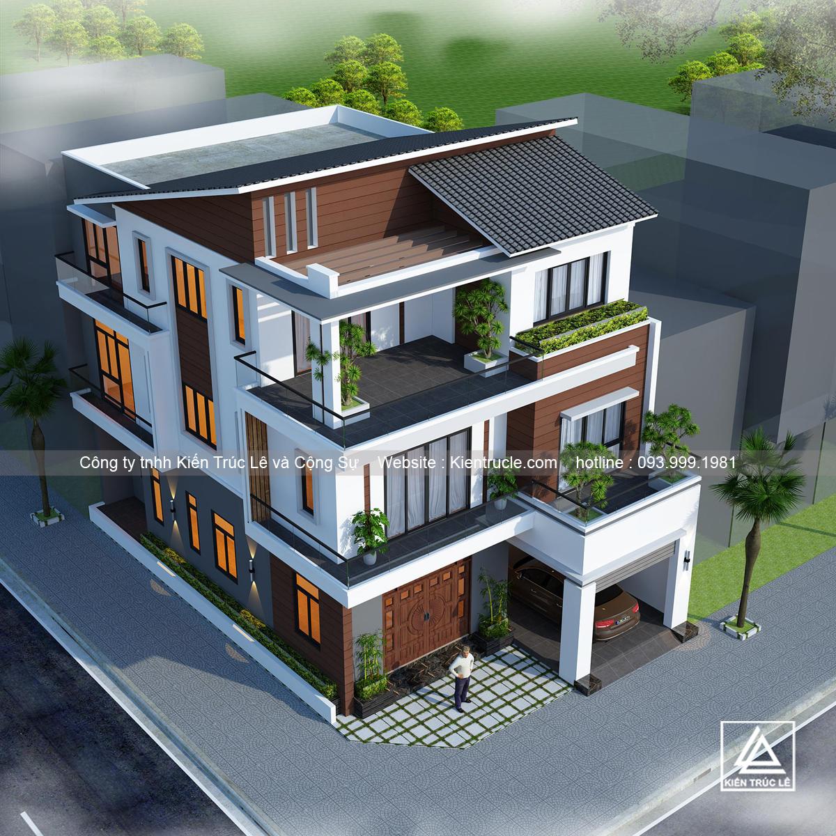 Thiết kế biệt thự 3 tầng 140m2 mái lệch thái đẹp