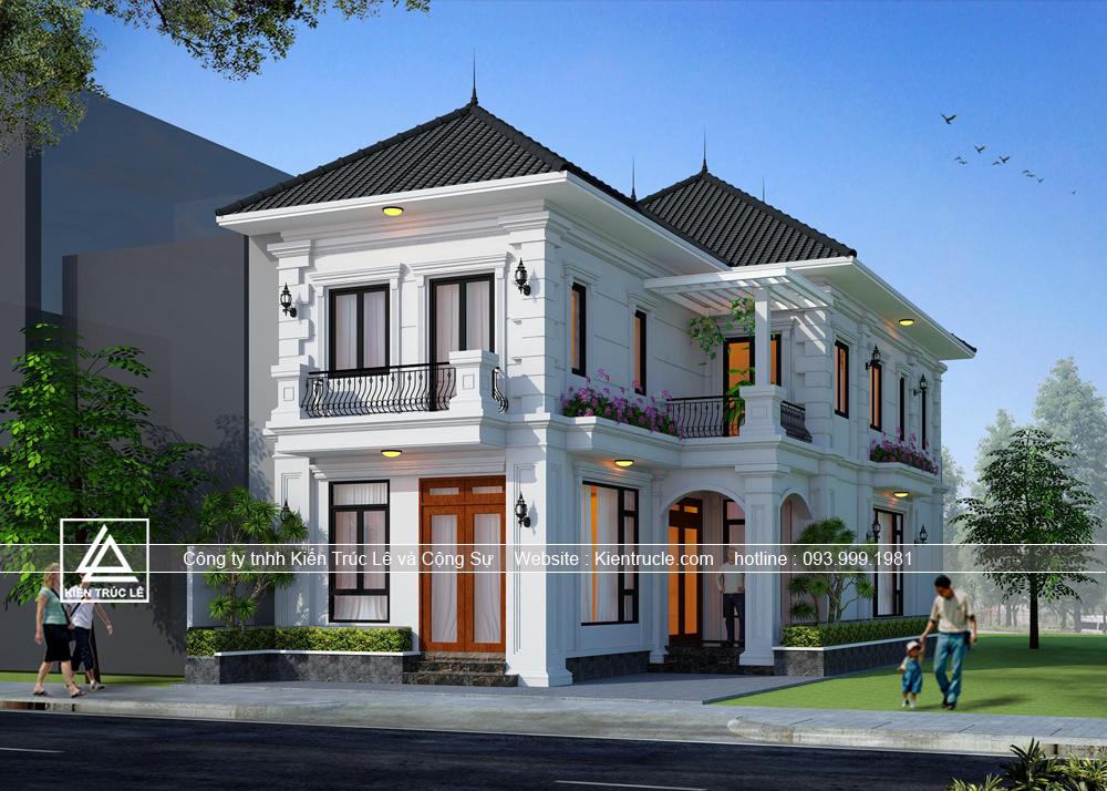 Thiết kế nhà 2 tầng 8x18m mái thái đẹp