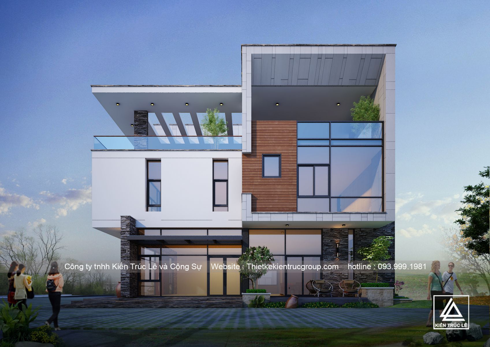 Thiết kế nhà 3 tầng mái bằng hiện đại 6 phòng ngủ