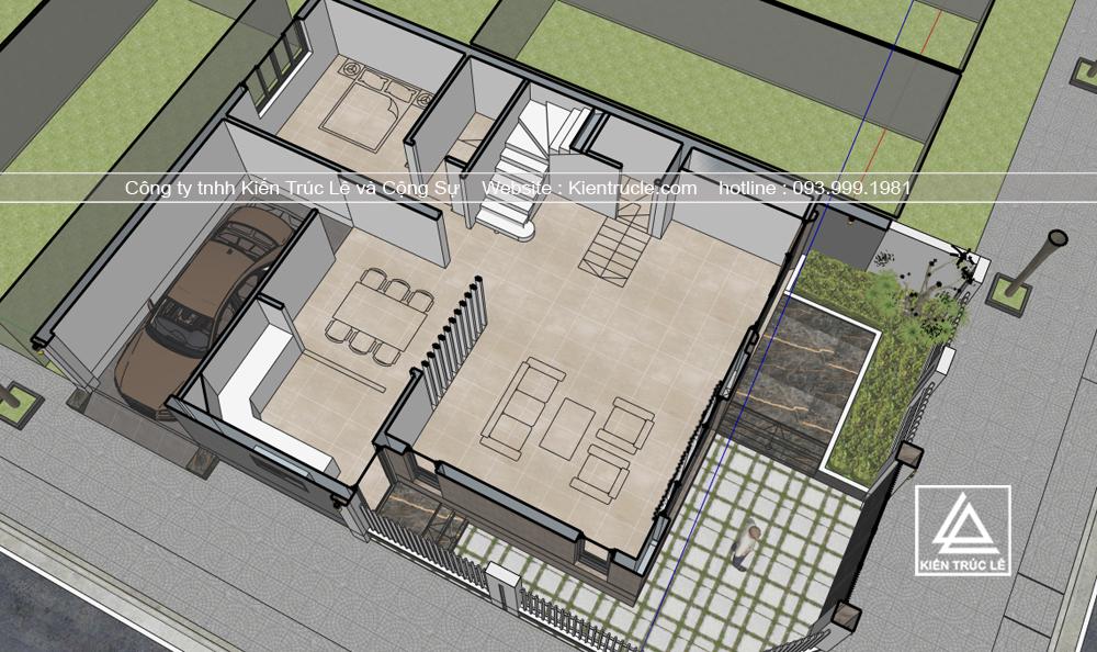 Mặt bằng t1 nhà biệt thự 3 tầng hiện đại mái thái lệch