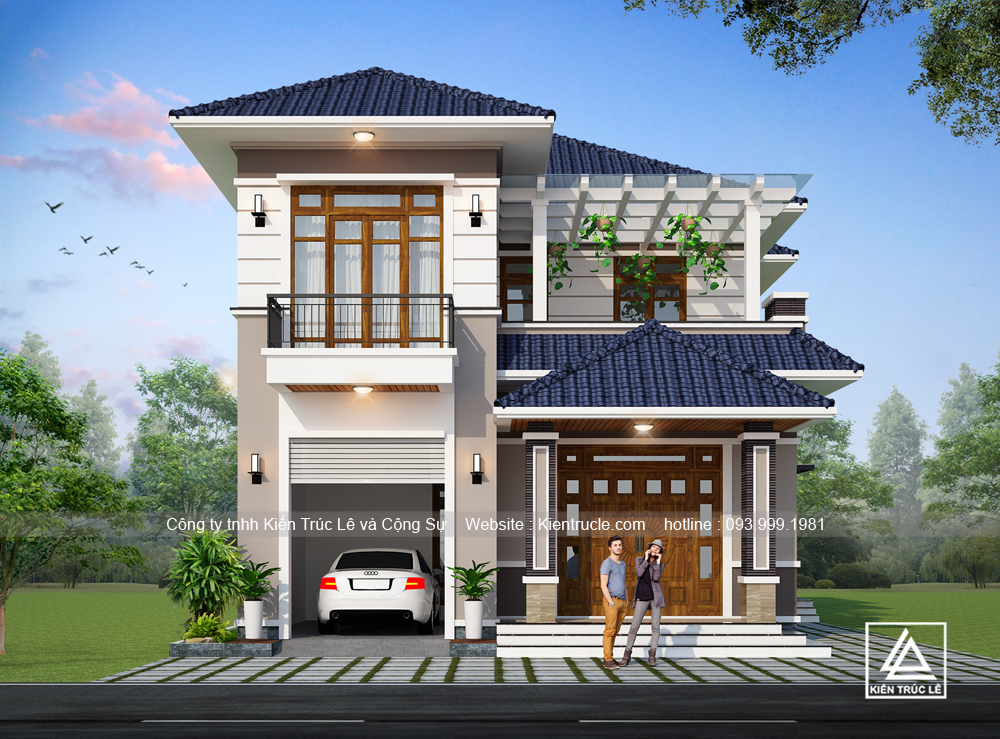 Xây nhà 2 tầng 120m2 mái thái đẹp