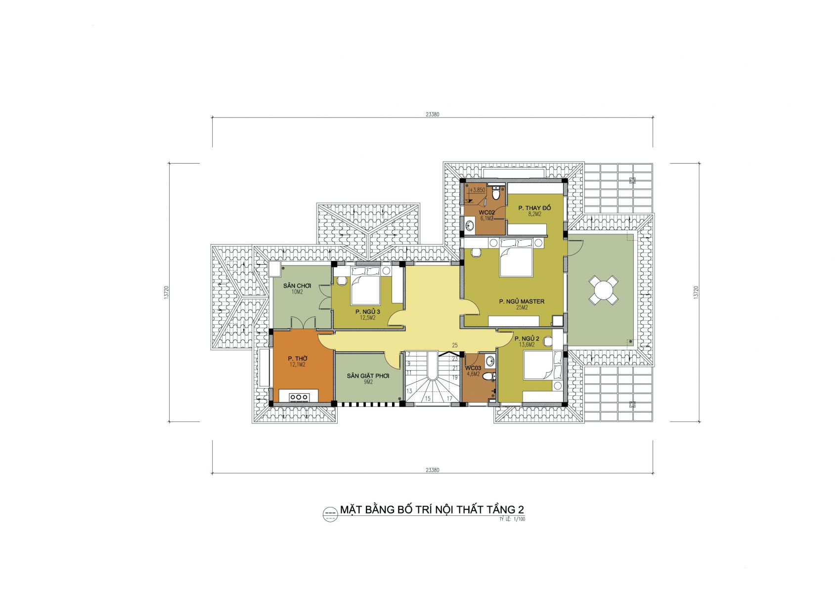 Mặt bằng tầng 2 nhà 2 tầng mái thái 150m2