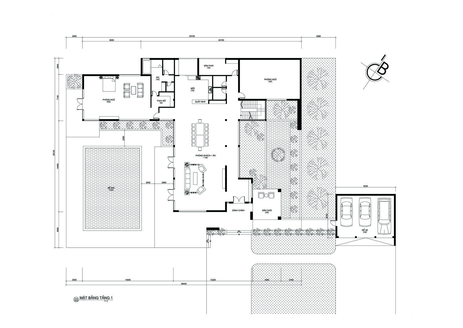 Mặt bằng tầng 1 biệt thự nghỉ dưỡng đẹp