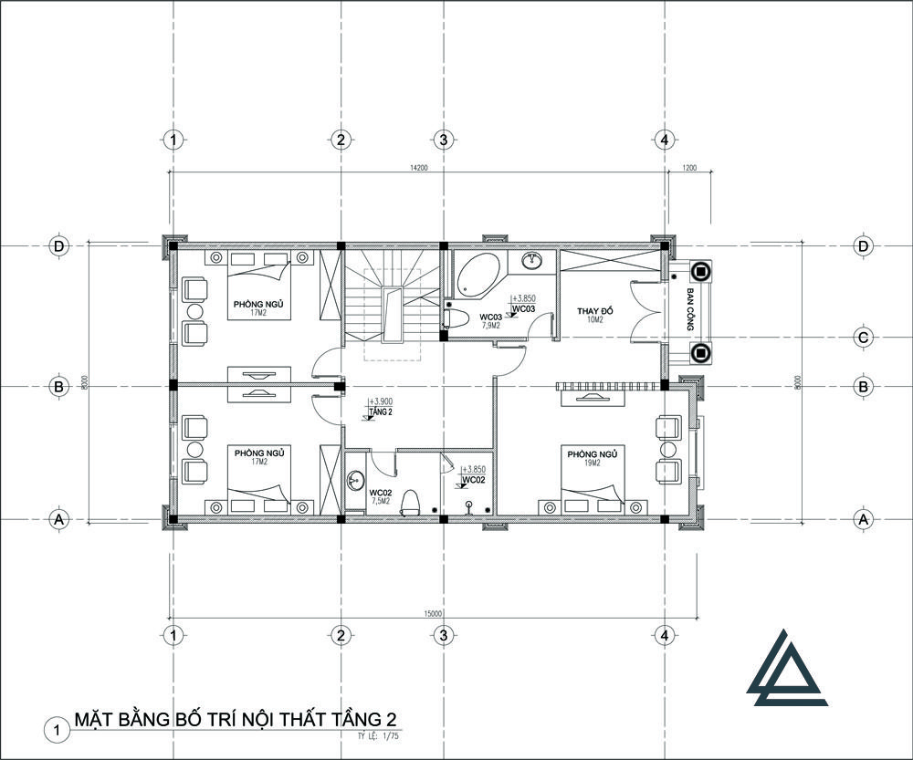 Mặt bằng tầng 2 nhà 4 phòng ngủ