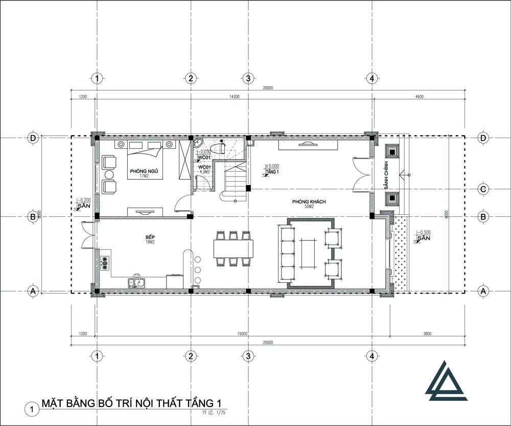 Mặt bằng tầng 1 nhà 3 tầng 4 phòng ngủ 8x15m