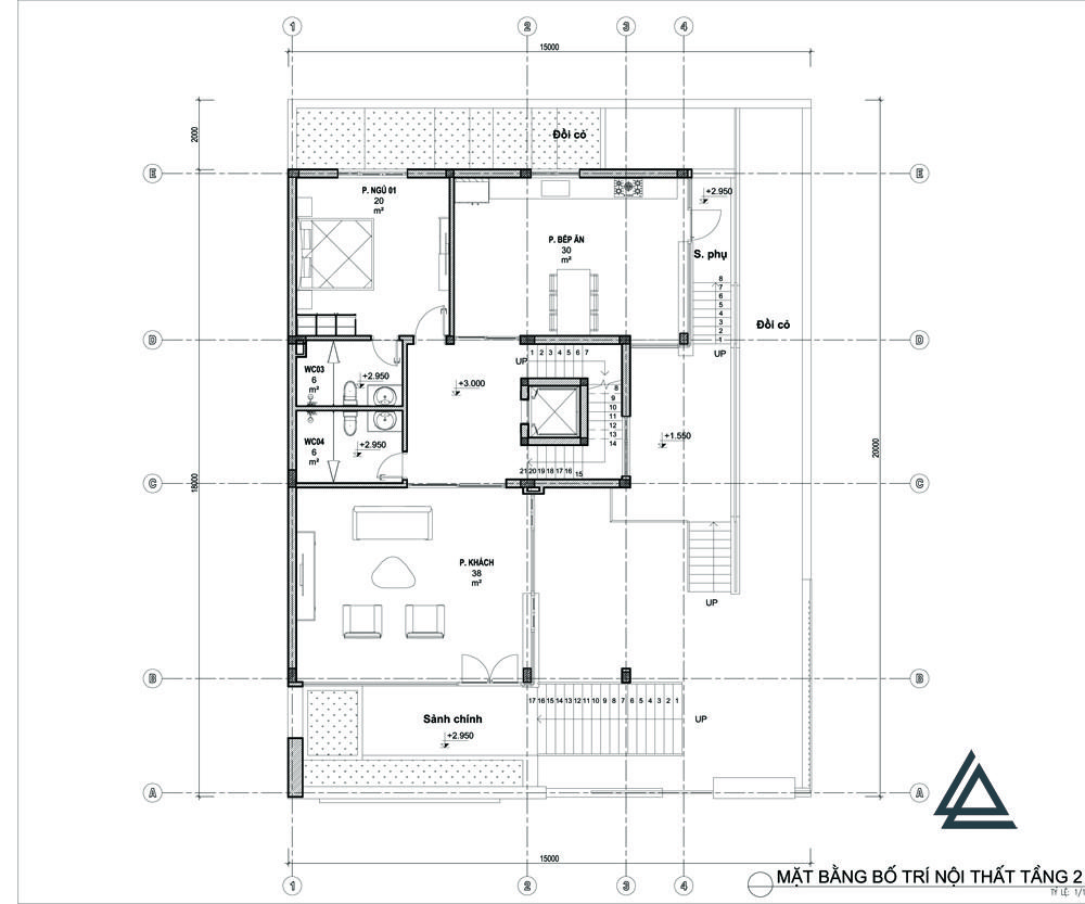 Bố trí mặt bằng tầng 2 biệt thự 150m2