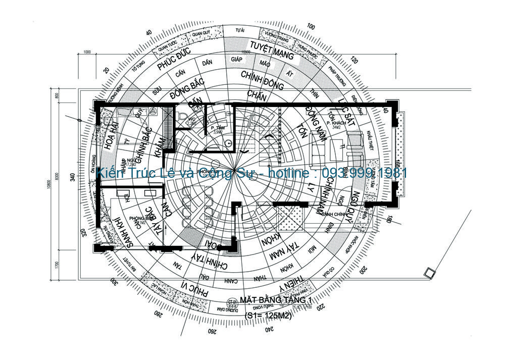 Bản vẽ bố trí phong thủy tầng 1 mẫu nhà 2 tầng 125m2