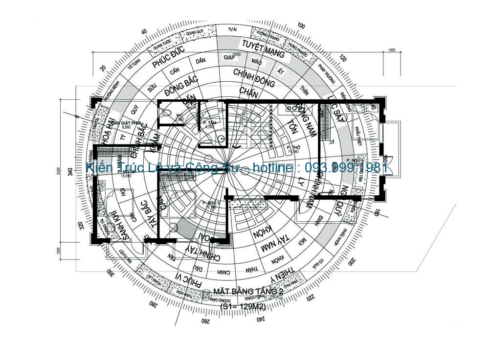 Bản vẽ bố trí phong thủy tầng 2 mẫu nhà 2 tầng 125m2