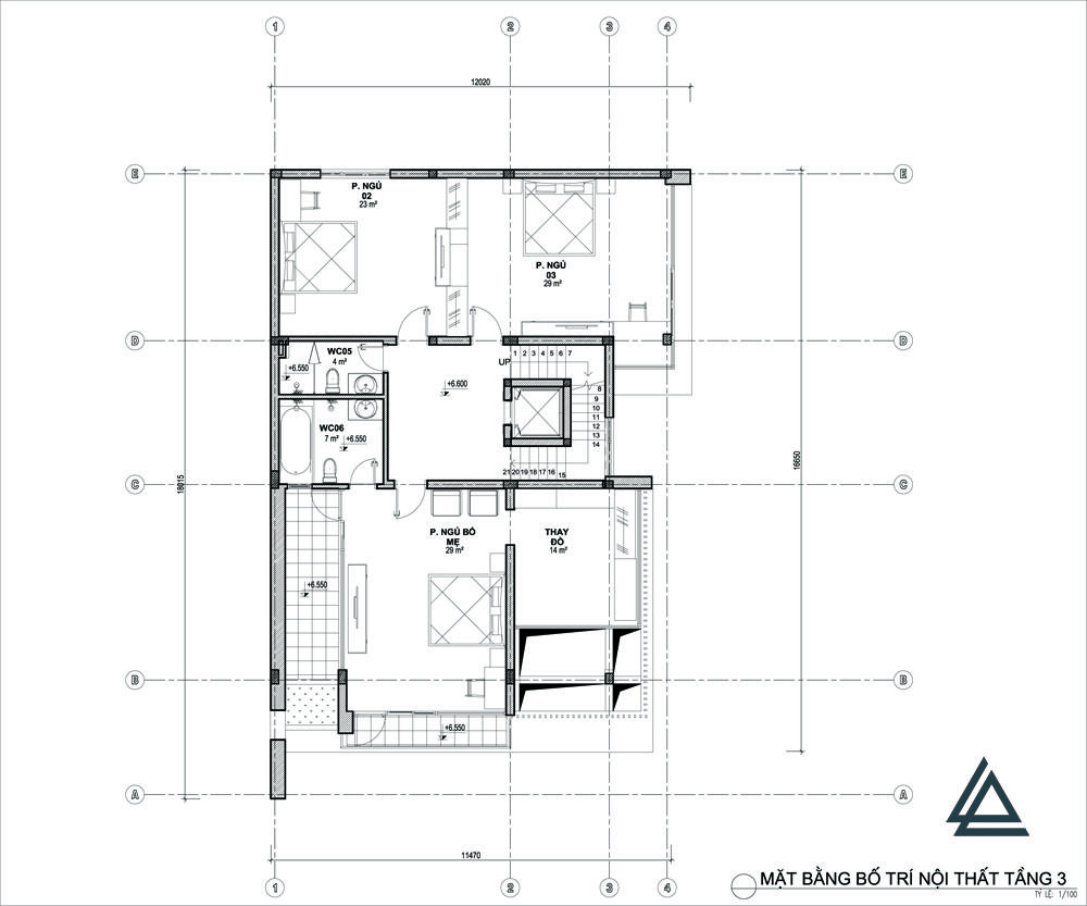 Tầng 3 biệt thự 150m2